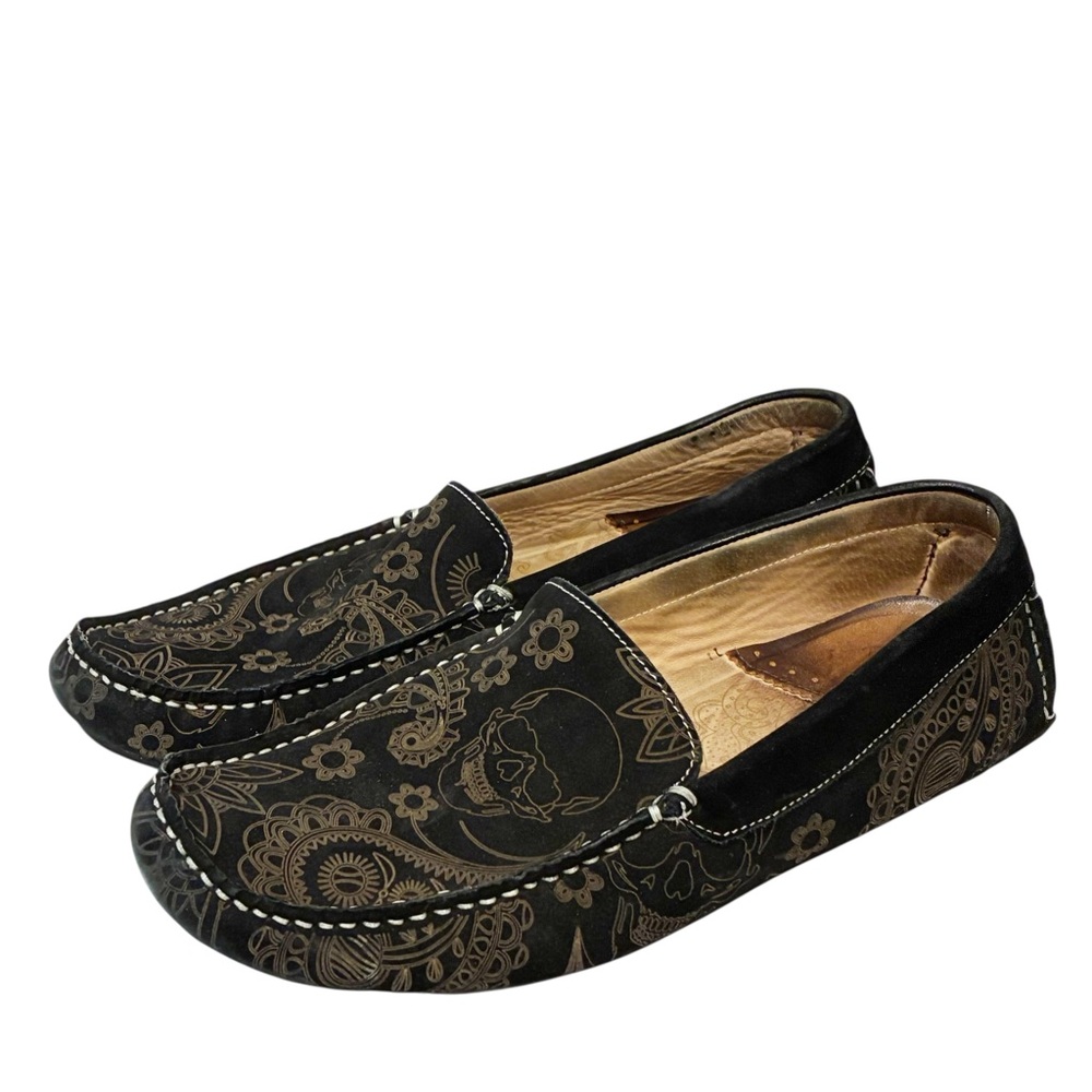 Robert Graham Men’s Size 9 Black Printed Leather Slip on Driving Loafers Skull